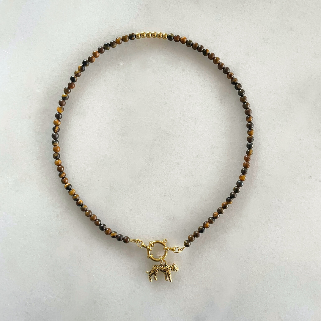 kralenketting tijgeroog kralen tiger eye bruine ketting bruin goud gouden handmade handgemaakt reversable ketting luipaard bedel bedelketting