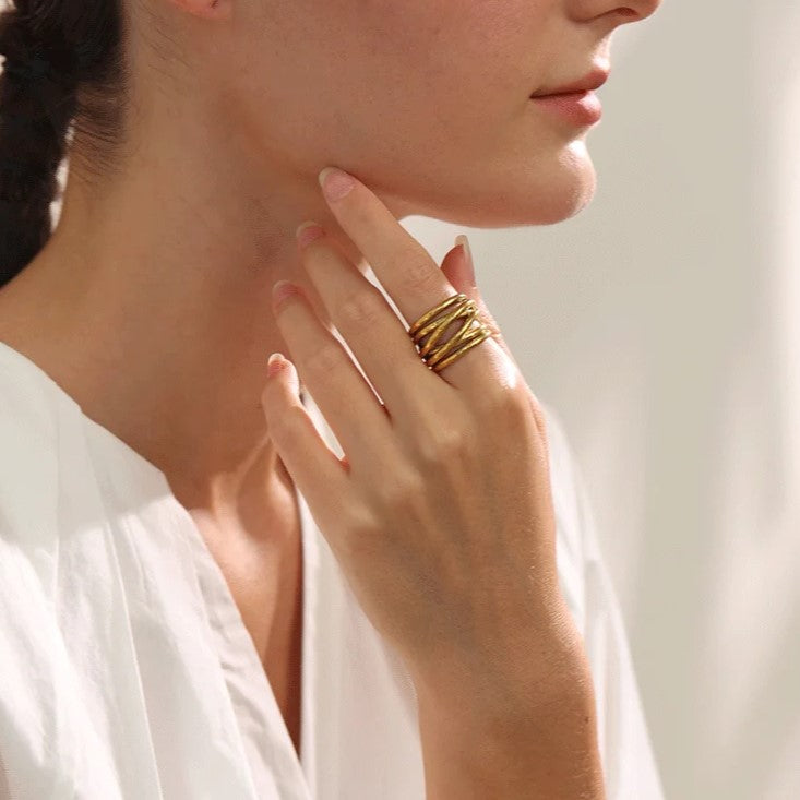 Roestvrij Staal 18K Vergulde Metalen Geometrische Gouden Brede Ring Trendy Goud Charme Statement Sieraden