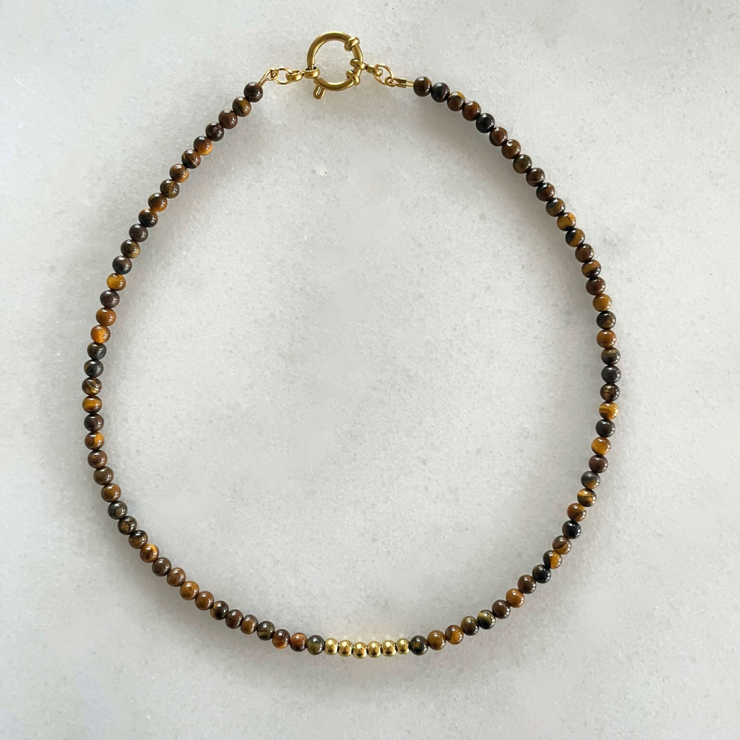 kralenketting tijgeroog kralen tiger eye bruine ketting bruin goud gouden handmade handgemaakt reversable ketting luipaard bedel bedelketting