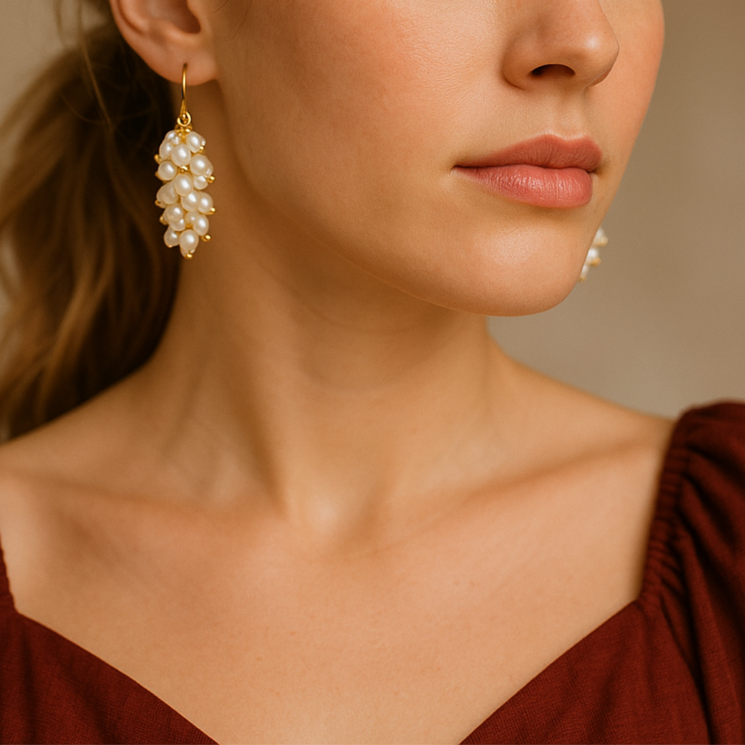 Statement pareloorbellen met witte zoetwaterparels en goud – elegante handgemaakte oorbellen gedragen