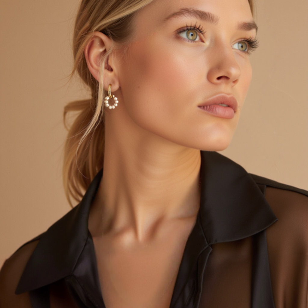 Parel oorbellen met gouden details gedragen – stijlvolle en tijdloze sieraden voor vrouwen
